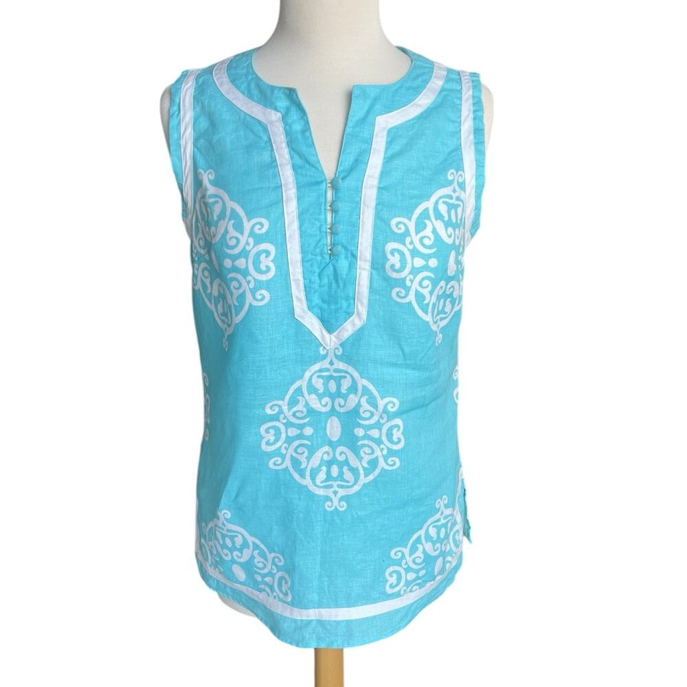 Mercer & Madison Linen Sleeveless Top Preppy Coastal Button V Neck Blue Medium